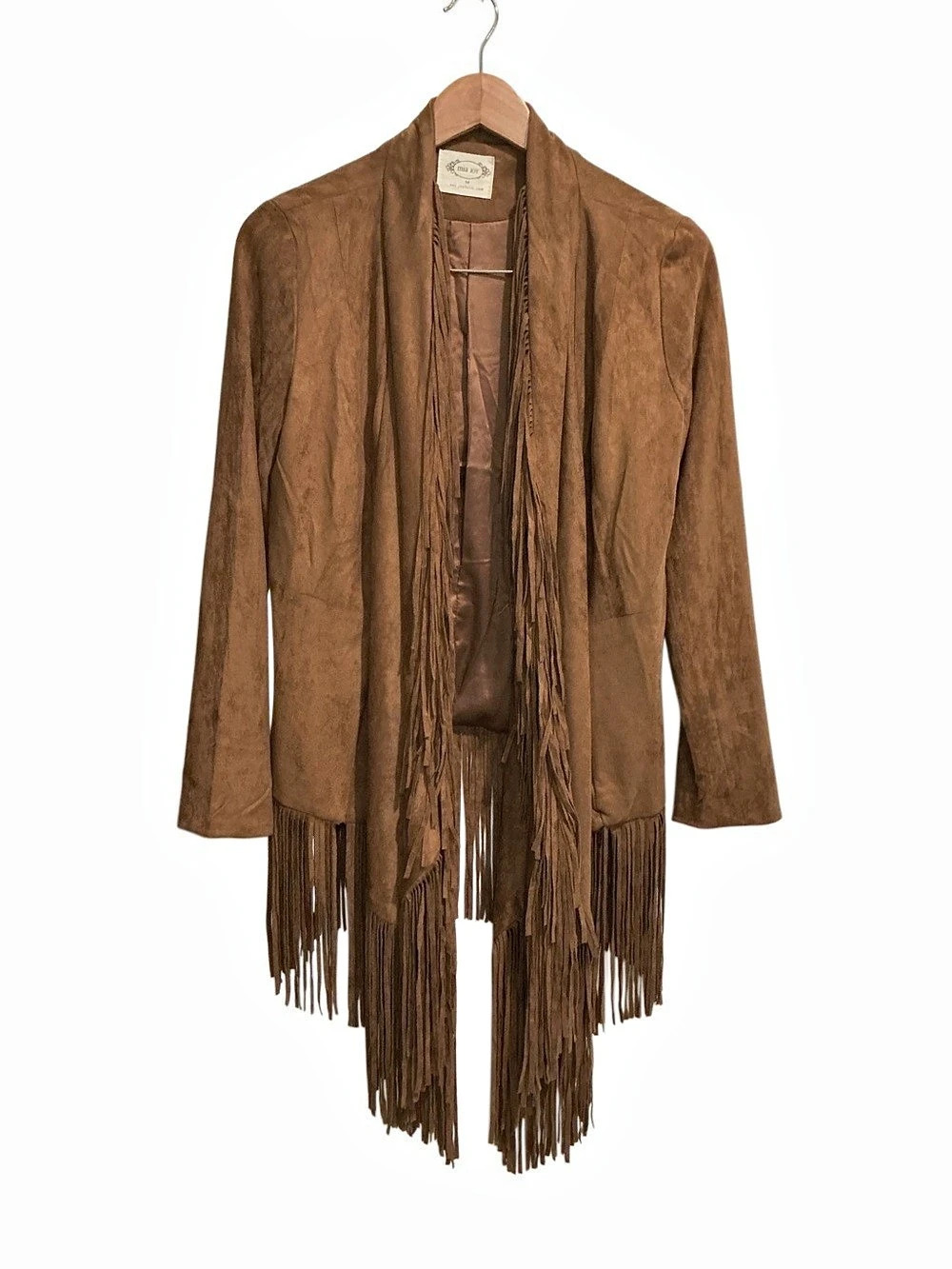 Mia Joy by Joyfolie Women’s Brown Faux Suede Fringe Jacket size M Retro 70s